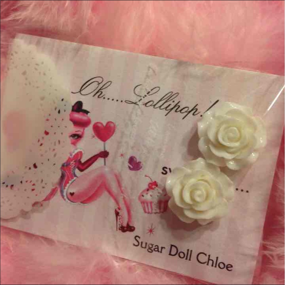 Oh Lollipop white wedding rose earrings Pinup doll