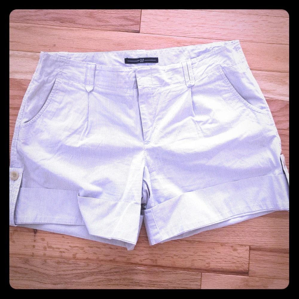 Gap shorts, white with grey stripes.