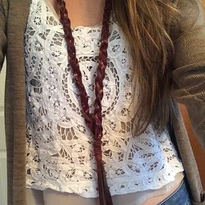 Brown real leather  necklace - fringe bottom.