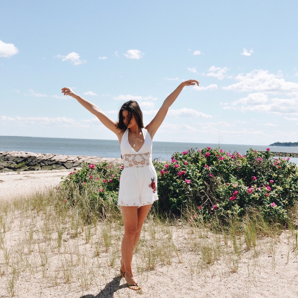 Floral Embroidered White Lace Romper Handmade