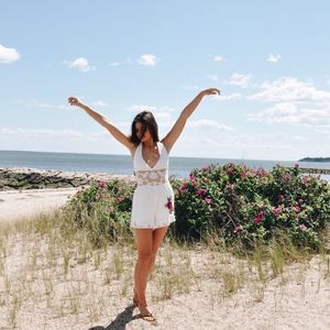 Floral Embroidered White Lace Romper Handmade