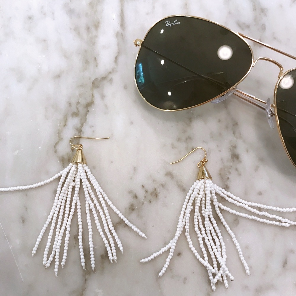 White Beaded Tassel Earrings