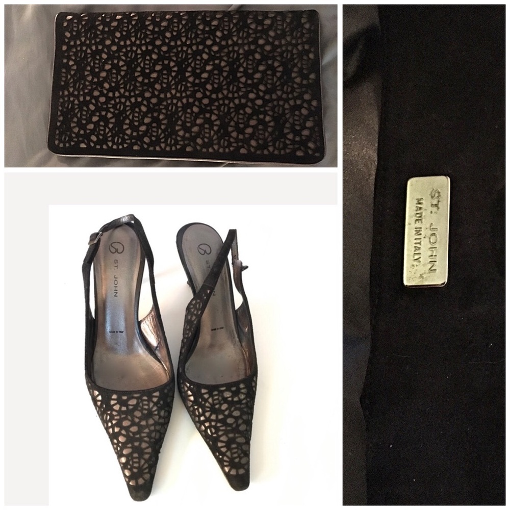 St. John Black Suede&Silver matching clutch/shoes