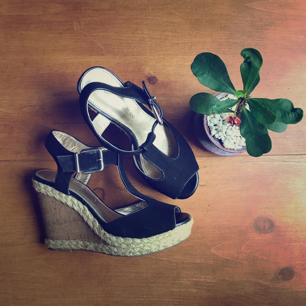 T-strap black wedges