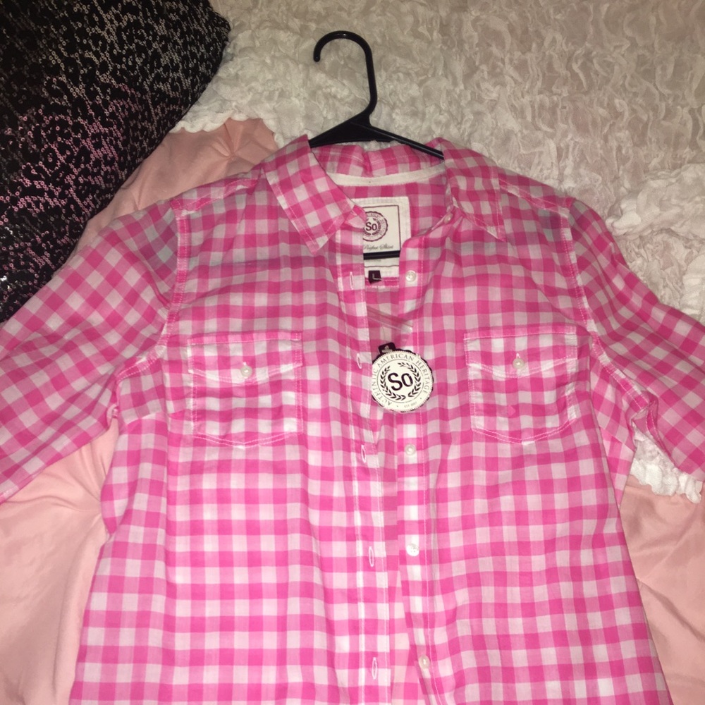 SO Button down Pink and White Plaid Shirt