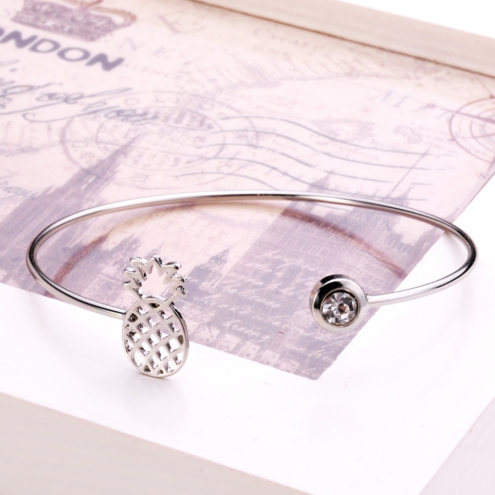 Silver Pineapple Crystal Open Bangle Bracelet - Picture 2 of 7