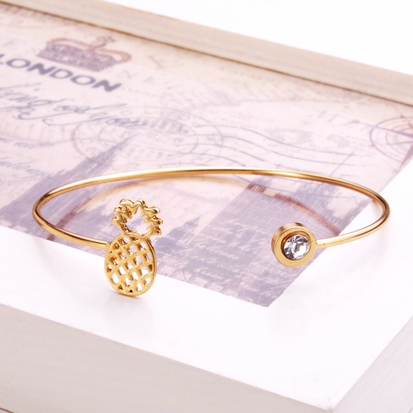 Silver Pineapple Crystal Open Bangle Bracelet - Picture 5 of 7