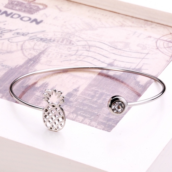 Silver Pineapple Crystal Open Bangle Bracelet - Picture 2 of 7