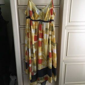 Yellow and orange printed empire dress.