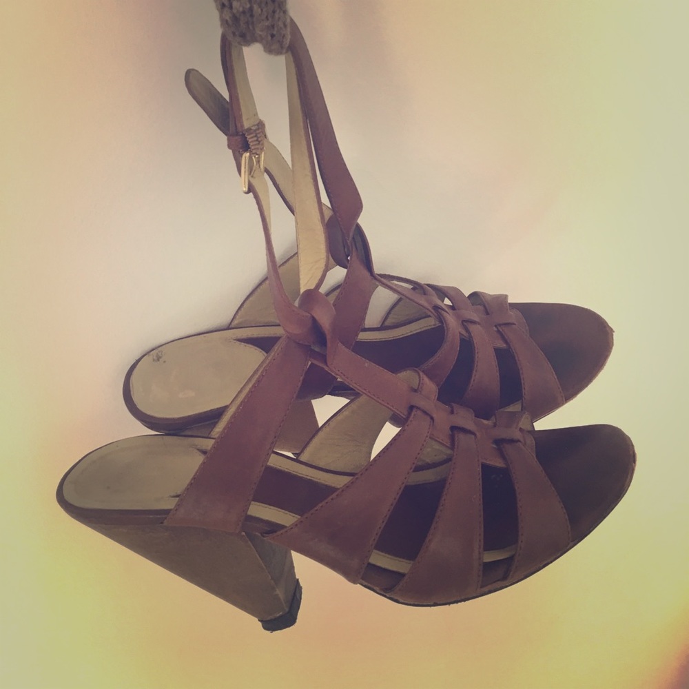 Wooden heeled brown leather ASH strappy heels