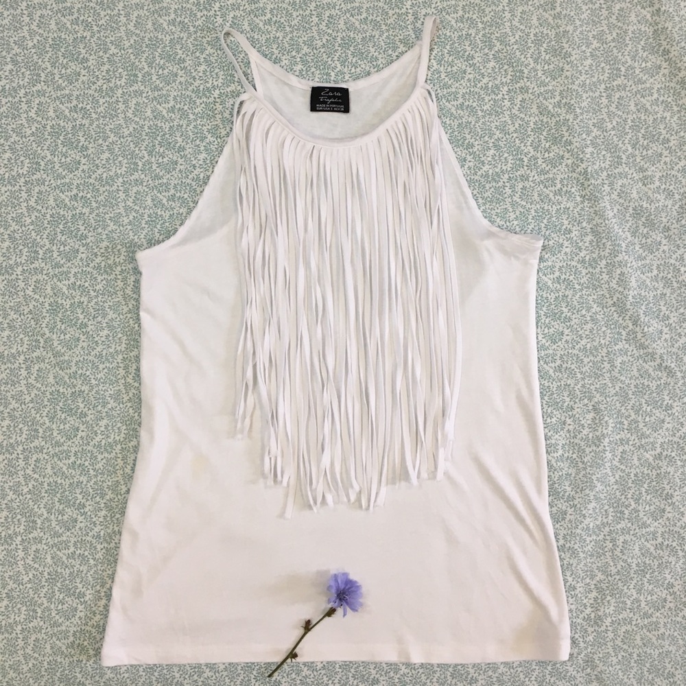 Zara Trafaluc White Long Fringe Front Cami Tank S