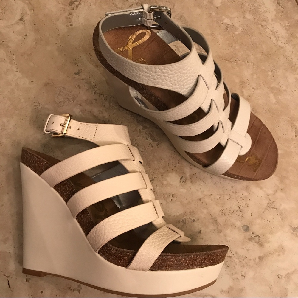 SAM EDELMAN white leather wedges