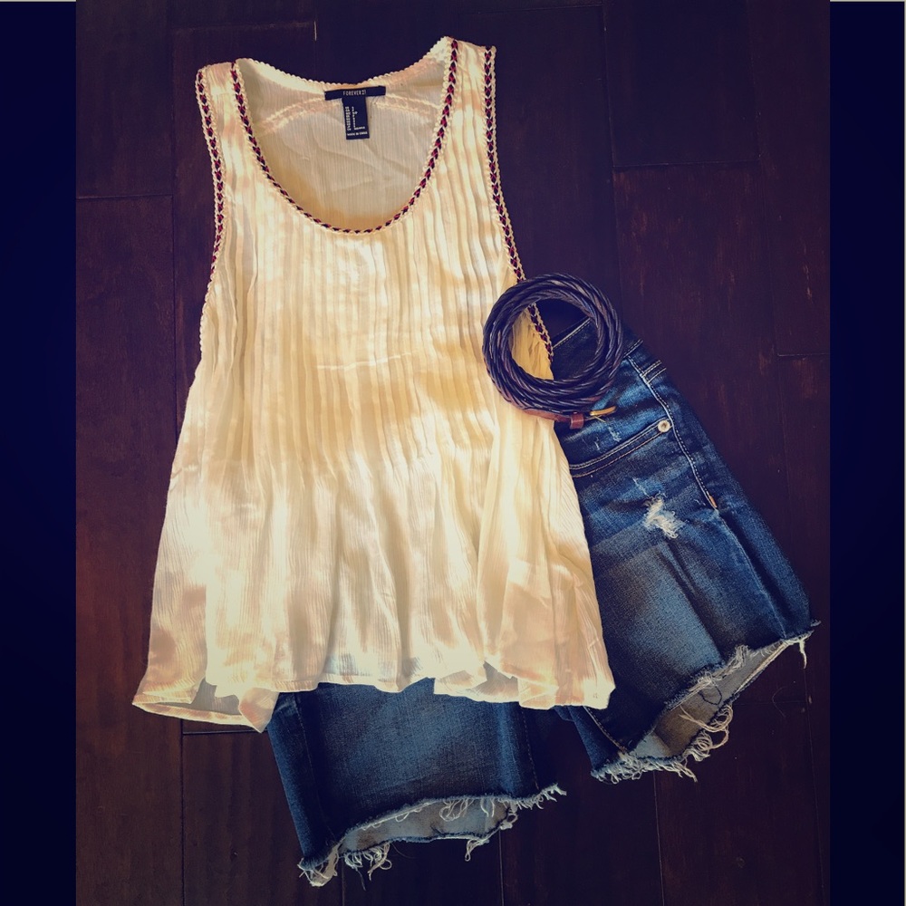 Forever 21 cream/white pleated semi-crop tank