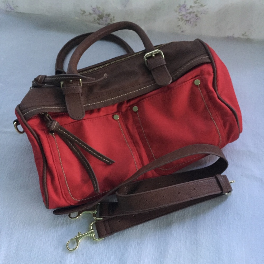Linea Pelle Satchel Handbag Purse Bag Red Brown