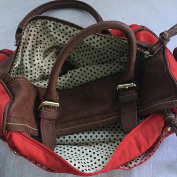 Linea Pelle Satchel Handbag Purse Bag Red Brown - Picture 2 of 8