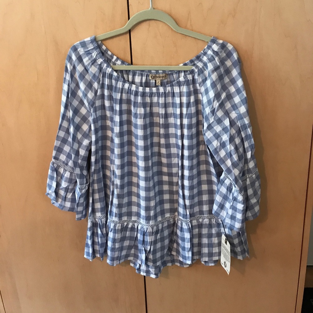 Blue and white check off the shoulder top