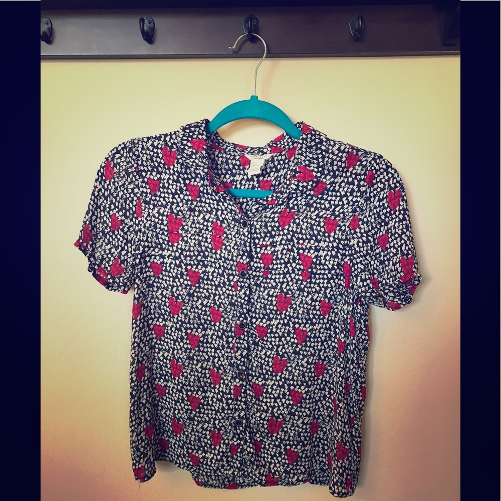 Forever 21 Black/White + Red Hearts Button Down