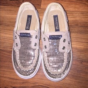 Gray & White sparkle Sperry boat shoes