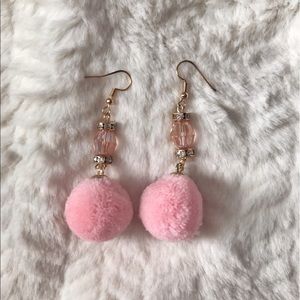 Baby pink Pom Pom and rhinestone dangle earrings