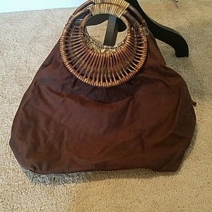 Brown handbag with wooden handles