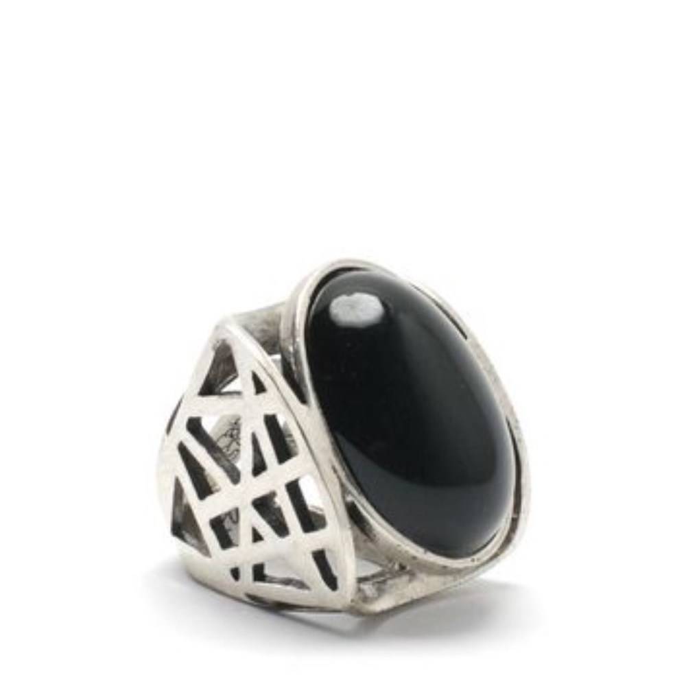 Low Luv Black Cabochon Silver Statement Cage Ring