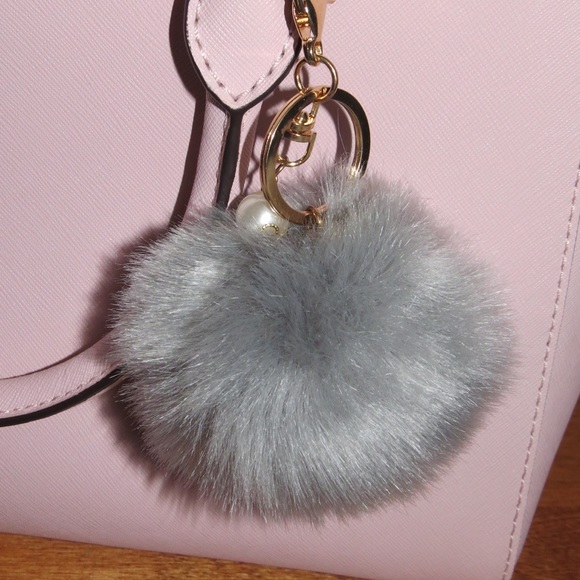 Light Pink AND Grey PomPom Fluffy Keychain - Picture 2 of 5