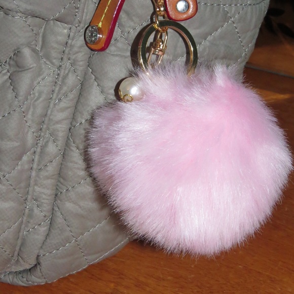 Light Pink AND Grey PomPom Fluffy Keychain - Picture 3 of 5