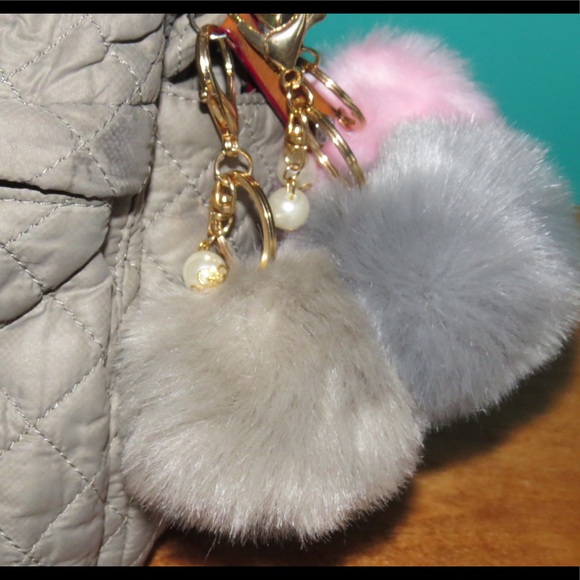 Light Pink AND Grey PomPom Fluffy Keychain - Picture 4 of 5