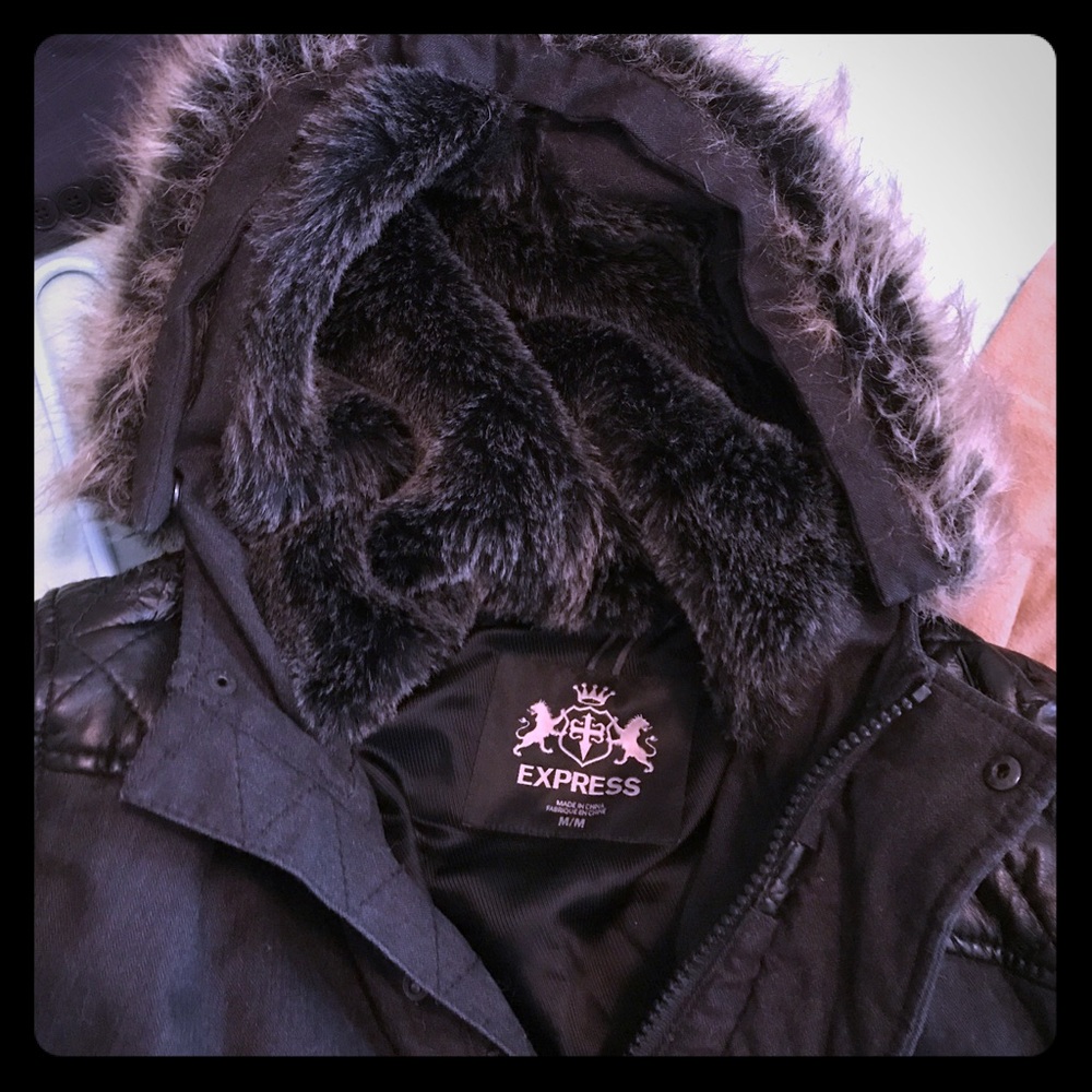 Express black winter coat with fur hood