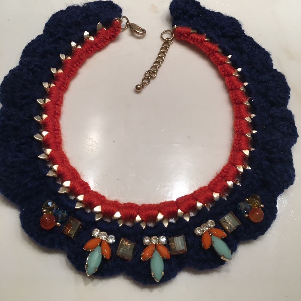 Unique Cloth Bib Necklace with jewel accents