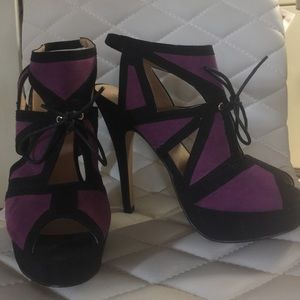 Black & purple cutout peep toe heels