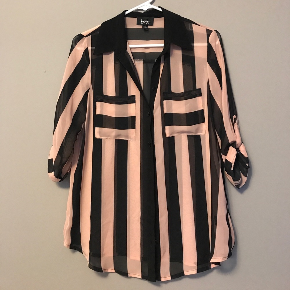 Black and pink striped sheer blouse size M