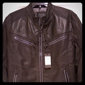GUESS Men Textured Zip Moto Jacket Jet Black NWT