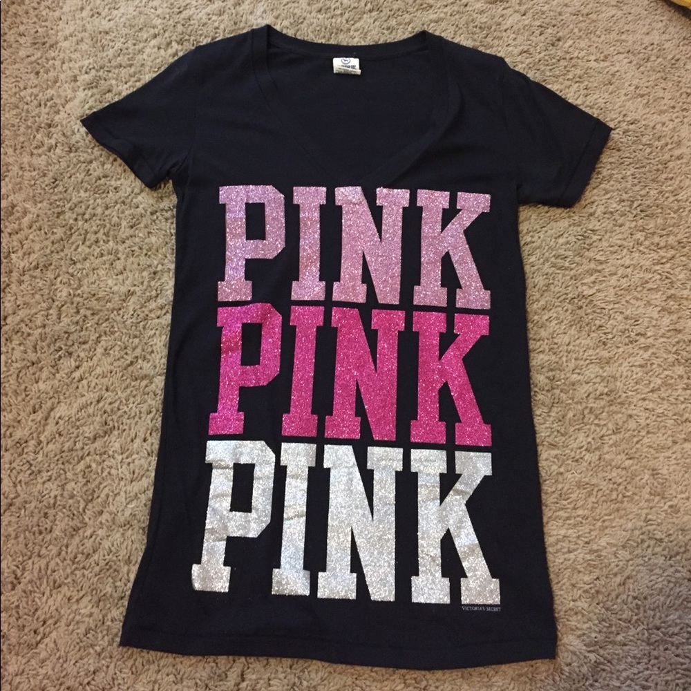 VS PINK Black v-neck shirt with pink glitter