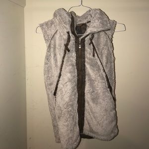 Hooded, fuzzy grey vest