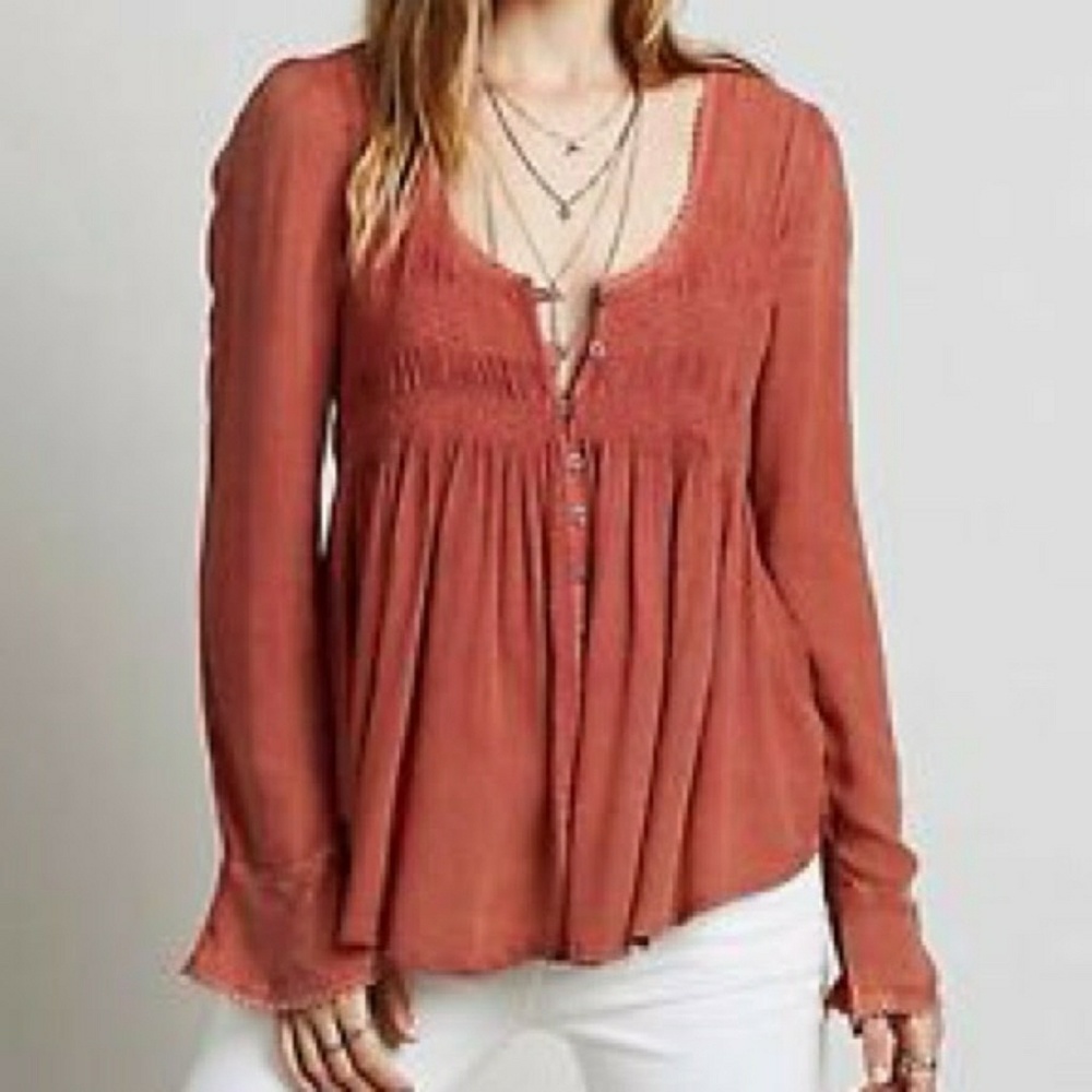 Free People Bluebird smocked peasant top coral
