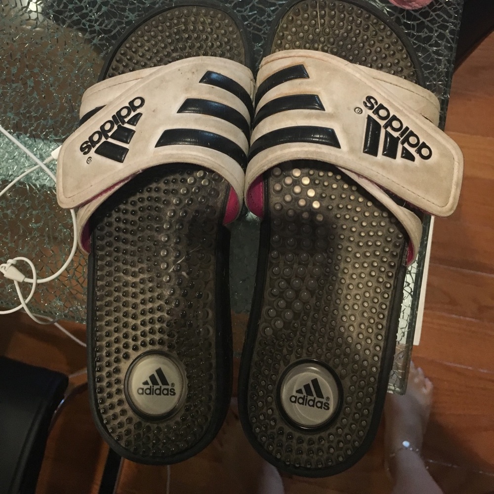 WHITE, PINK, & BLACK ADDY ADIDAS SLIDES