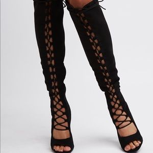 Lace up over the knee heeled boots