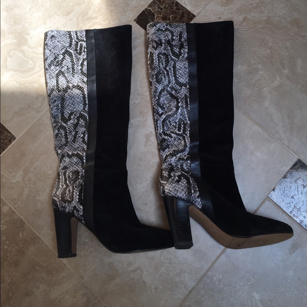 MRKT .Black Suede leather boots with snake print.