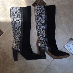 MRKT .Black Suede leather boots with snake print.