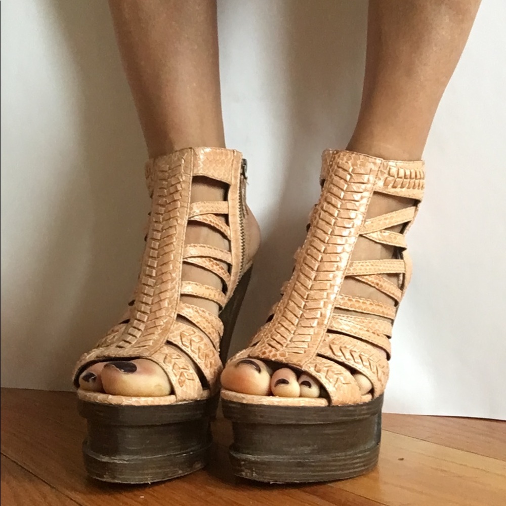 Elizabeth & James snakeskin platform cage heels