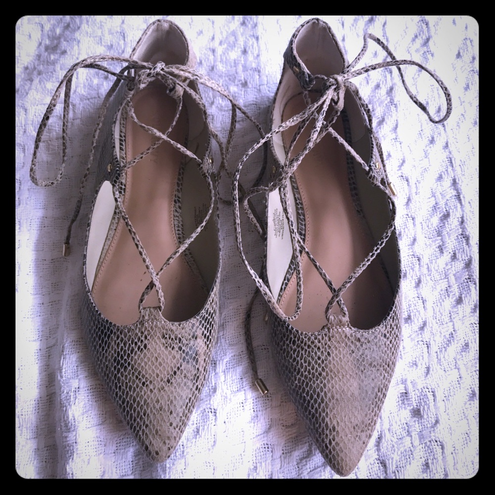 Snake skin ankle tie flats