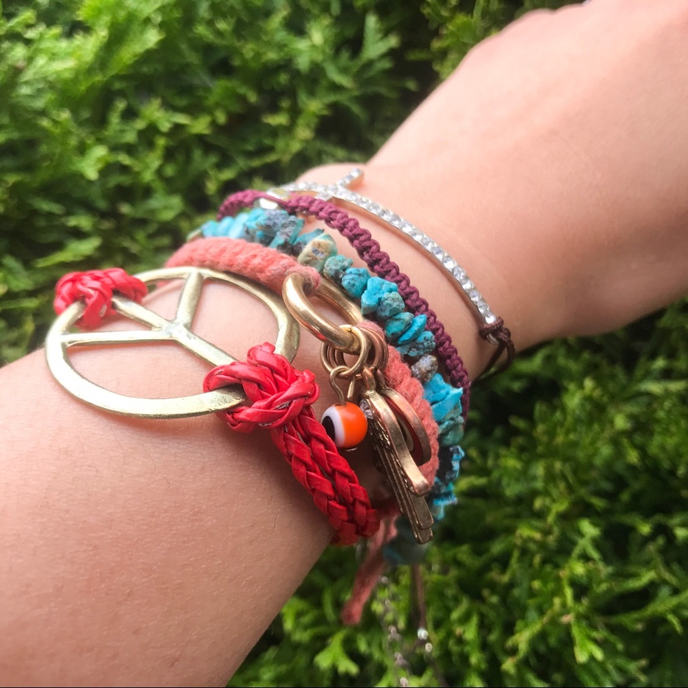 Red Peace sign braided leather bracelet