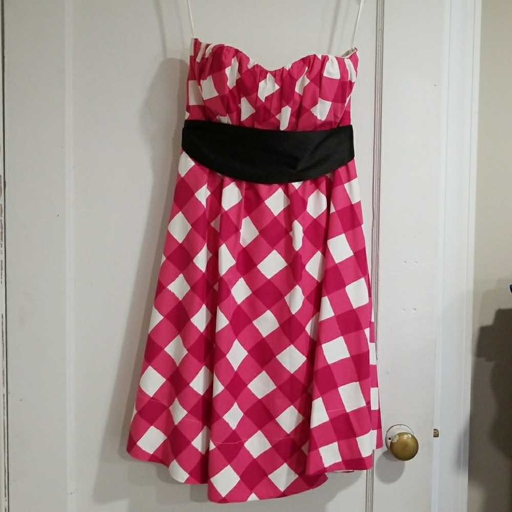 Strapless Pink and White dress with Black Sash - Picture 1 of 6