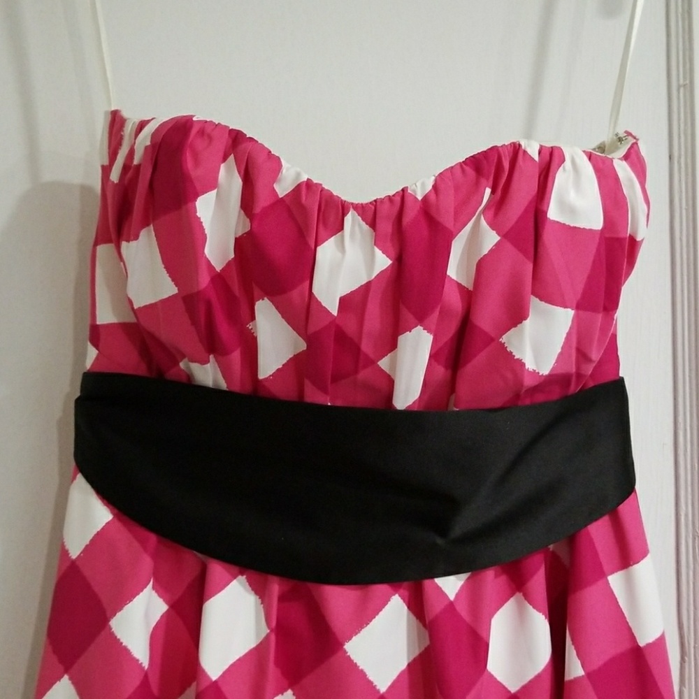 Strapless Pink and White dress with Black Sash - Picture 2 of 6