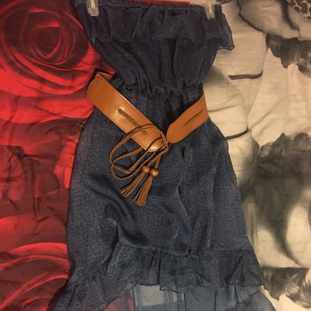 Blue dress with brown belt