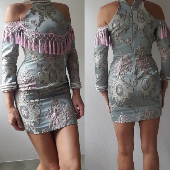 Kylie Jenner Catwalk Mew Mews pink fringe blue tapestry dress xs - Picture 2 of 5