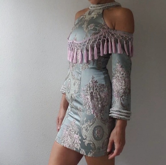 Kylie Jenner Catwalk Mew Mews pink fringe blue tapestry dress xs - Picture 4 of 5