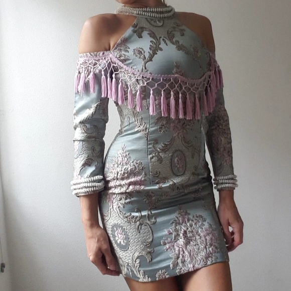 Kylie Jenner Catwalk Mew Mews pink fringe blue tapestry dress xs - Picture 5 of 5