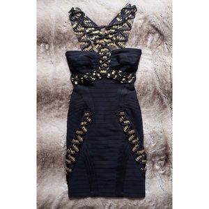 Herve Leger Alek Black Beaded Bandage Dress Small